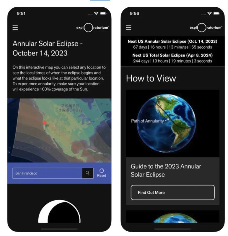 Screenshots of Total Solar Eclipse App